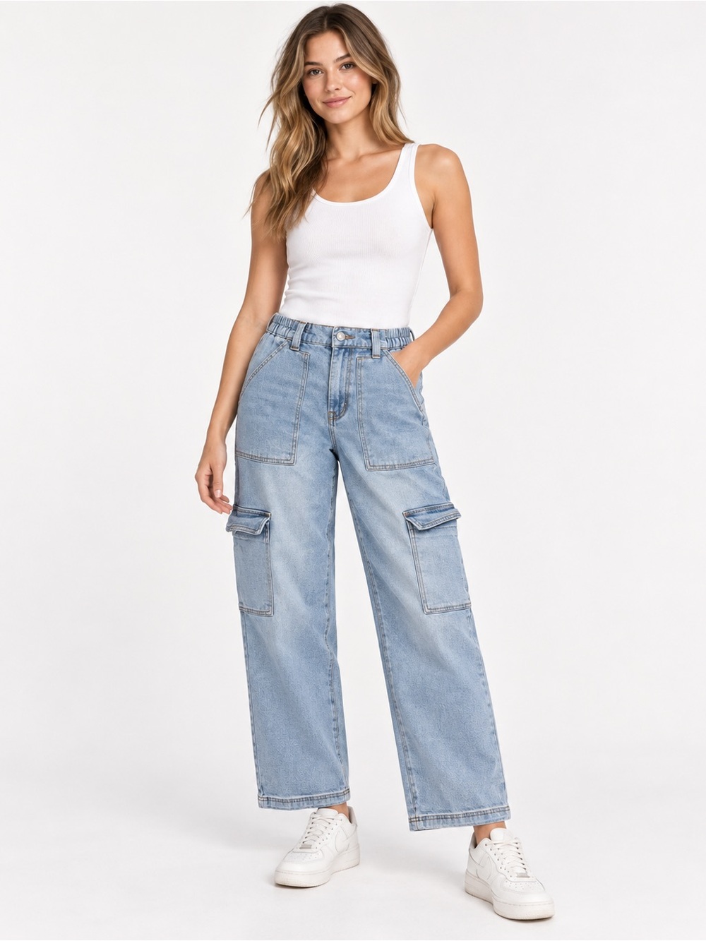 Flying Angel Women’s 9/29 Light Wash Cargo Wide Leg Jeans Elastic Waist